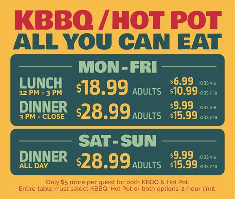 K-pot houston - 10790 Bellaire Blvd Houston, TX 77072. HOURS OF OPERATION: Sunday – Thursday: 12:00PM – 10:30PM Friday – Saturday: 12:00PM – 11:30PM. Last seating is one hour before …